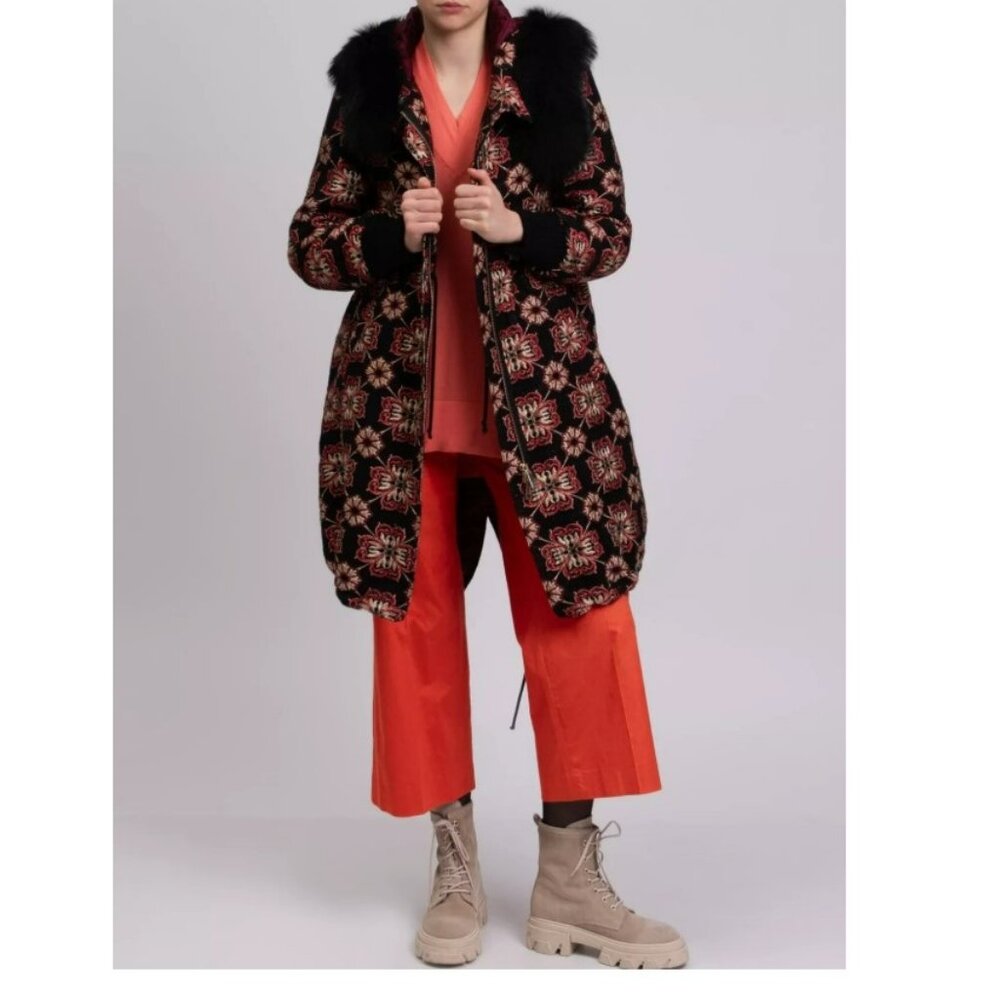 Nora Barth Natural Fox Fur Collared Wool Blend Brocade Parka Coat